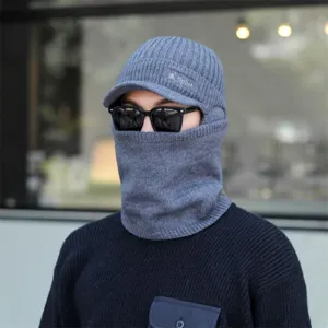 Herren Winter warme Strickmuetze mit Schirm und Gesichtsmaske winddichte Thermomuetze