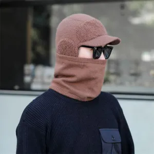 Winter warm knitted hat for men with fleece lining, earflaps and integrated neck warmer cap.