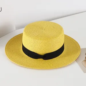 Yellow straw hat for women, elegant flat top boater hat with black ribbon bow, sun protection.