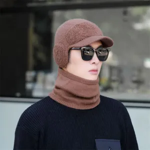 Men's winter knitted hat and scarf set, fleece-lined thickened warm beanie and snood combo.