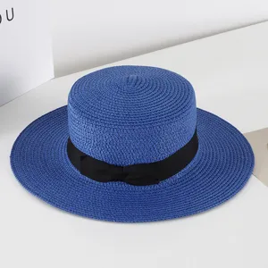 Blue straw boater hat with black ribbon, elegant flat top sun hat for women summer beach vacation.
