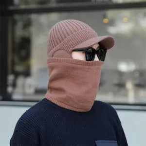 Winter warme Strickmütze mit Gesichtsmaske und Schirm für Herren, winddichte Mütze.