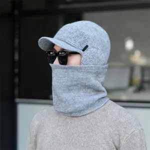 Close-up of men winter knitted hat and neck warmer set in grey, fleece lined for warmth.