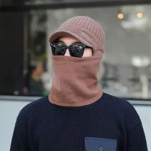 Herren Winter warmer Strickhut mit Schirm und integriertem Halstuch gefütterte Fleece Mütze.