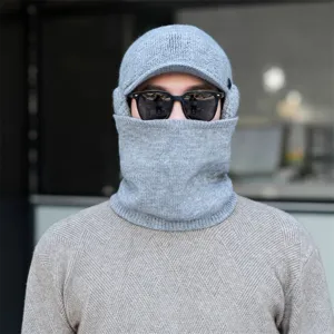 Winter men's knitted hat with earflaps visor and cozy neck warmer grey thick warm thermal beanie cap