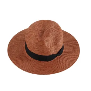 Sombrero de paja de verano para hombres y mujeres, panama fedora con cinta negra al aire libre.