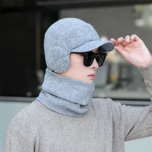 Men winter knitted hat and scarf set grey warm fleece lined beanie cap with brim for cold weather