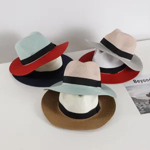 French Elegant Straw Hat For Women Wide Brim Sun Protection Beach Sunshade Hat Fashion Ribbon Bowknot Color Block Fedora Jazz Hat Vacation Travel Accessories