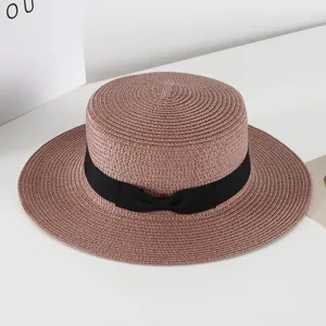 Women flat top straw hat summer sun protection beach hat vintage black ribbon bow hat