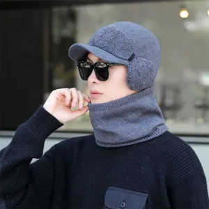 Men Winter Knit Hat Warm Thermal Fleece Lined Beanie Hat Ear Flap Brimless Windproof Acrylic Thick Pullover Hat Scarf Set For Outdoor Daily Travel Casual Style
