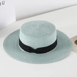 Summer straw hat women vintage flat top boater hat sun protection beach hat travel trendy
