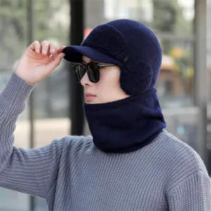 Men winter warm knitted hat and neck warmer set thick fleece cold proof beanie for outdoor