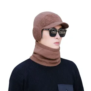Men winter warm knitted hat and scarf set, fleece lined thick thermal cap for cold weather.