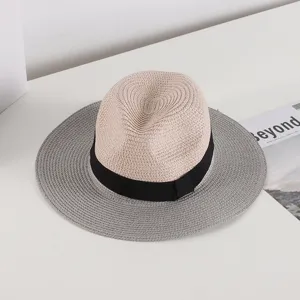 Summer two-tone straw hat with black ribbon, wide brim sun hat for beach and outdoor travel.