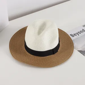 Summer straw hat for women, large brim sunhat with black ribbon, chic beach fedora hat for vacation.