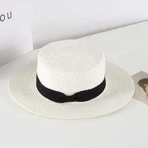Women summer straw hat flat top wide brim sun hat elegant black bow beach hat holiday fashion