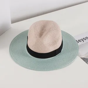 Summer women straw hat details, wide brim sun hat with black ribbon, elegant beach jazz cap.