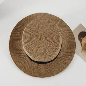 Sommer Damen Vintage Flachdach Strohhut breite Krempe Sonnenschutz Strandhut Detailansicht.
