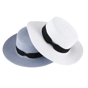 Women summer flat top straw hat with black bow, vintage boater sun hat for beach travel.