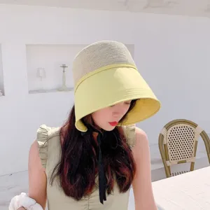 Women color block straw bucket hat summer casual beach sunshade basin hat stylish sun hat.