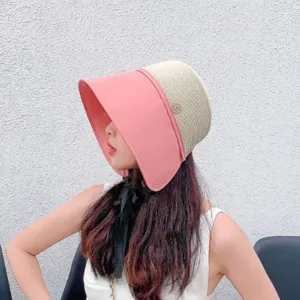 Women Color Block Cotton Bucket Hat Rhinestone Embroidered Patch Sun Protection Beach Panama Hat With Windproof Tie