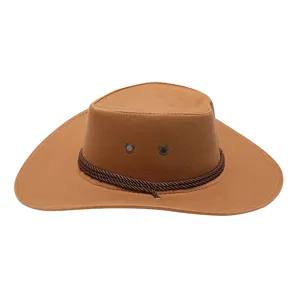 Brown felt cowboy hat detail, showing braided rope band and metal ventilation eyelets clearly.