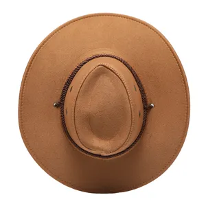 Top-down detail view of a stylish brown western cowboy hat with braided rope band and metal vents.