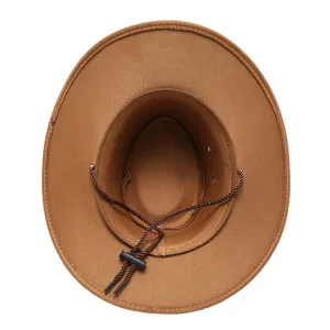 Detailed top view of a brown western cowboy hat with wide brim, chin strap, and metal eyelets.