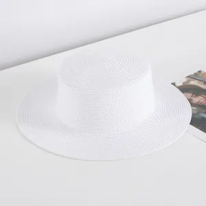 White flat top straw hat for women summer beach sun protection travel sun hat stylish accessory