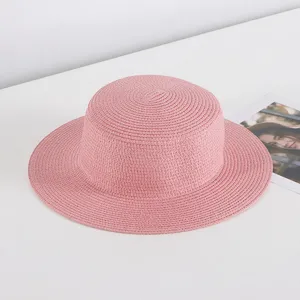 Pink flat top straw hat for women summer beach travel sun protection wide brim casual stylish