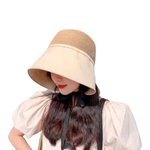 Women sun protection bucket hat contrast color straw patchwork summer beach hat stylish outdoor