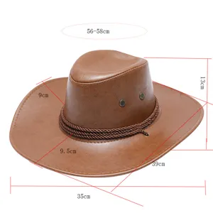 Specifiche e dimensioni dettagliate della taglia per cappello da cowboy western in pelle PU.