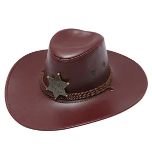 Cappello da Cowboy Western Classique Similpelle Tesa Larga Fedora Cappello da Jazz con Distintivo da Sceriffo Sole All'aperto