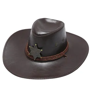 Primo piano dettagliato del cappello da cowboy western marrone con badge e corda.