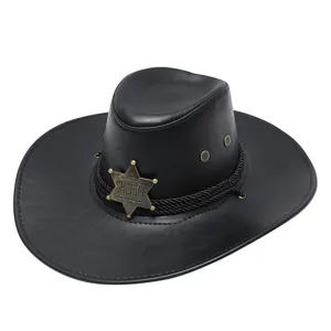 Cappello da cowboy western in pelle PU nera con distintivo a stella da sceriffo e corda.