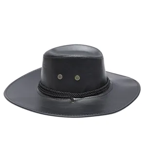 Vista dettagliata del cappello da cowboy western in pelle nera, corda intrecciata di qualità.