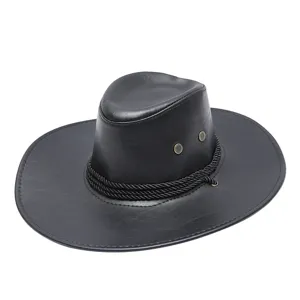 Vista dettagliata di un cappello da cowboy western in pelle nera con fascia intrecciata.