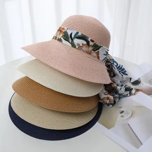 Damen Sommer Strohhut breite Krempe Sonnenhut Strand Schleife Band faltbare Kuppel Sonne Hut