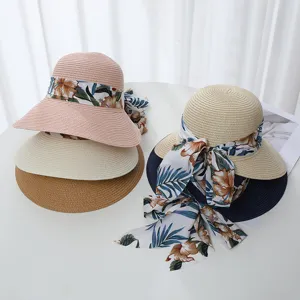 Elegant Damen Breite Krempe Strohhut Mit Bedrucktes Band Schleife Faltbar Atmungsaktiv Rundes Top Outdoor Strand Strohhut Urlaub