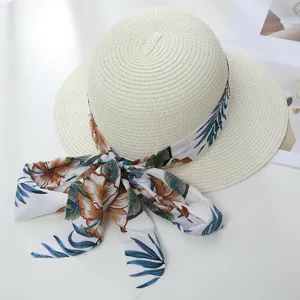 Damen Sommer Strohhut mit Blumen Schleife, großer Rand Sonnenhut für Strand und Outdoor.