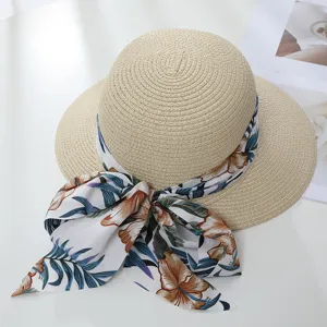 Damen Sommer Strohhut mit Blumen Schleife Band breite Krempe Strand Sonnenhut faltbar