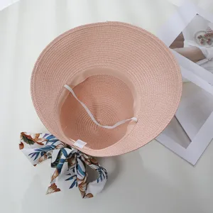 Damen Sommer Sonnenhut rosa Strohhut mit Blumen Schleife Strand Kappe faltbar breit