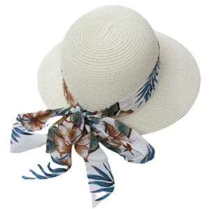 Damen Strohhut Sonnenhut mit Schleife Band, breite Krempe Sommer Strandhut für Outdoor.
