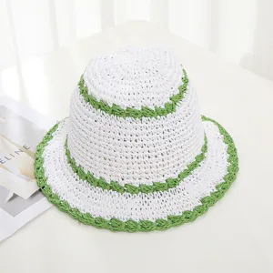 Sombrero de cubo de paja tejido de verano para mujer, sombrero de sol rayado verde y blanco.