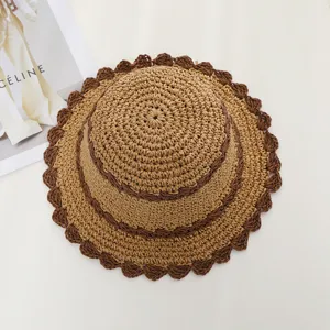 Sombrero de cubo de paja trenzada para mujer, diseño chic con borde festoneado, sombrero de sol.