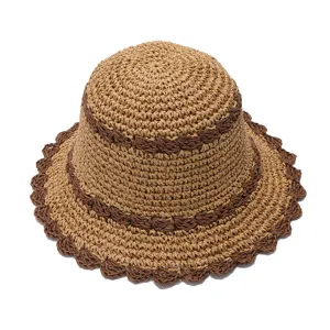 Sombrero de pescador de paja tejido para mujer, protección solar de verano ala ondulada.