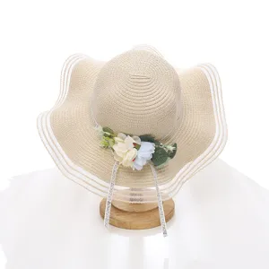 Chapeau de paille femme ete chapeau de soleil large bord ondule ruban fleurs plage vacances