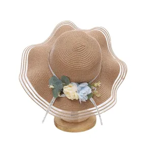 Chapeau de paille femme ete large bord ondule floral plage vacances chapeau soleil anti UV