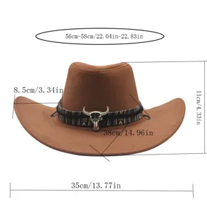 Detail view of the brown western cowboy hat showing dimensions, featuring a bull skull decor.