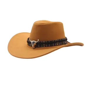 Exquisite metal bull skull ornament and vintage woven band details on western cowboy hat.